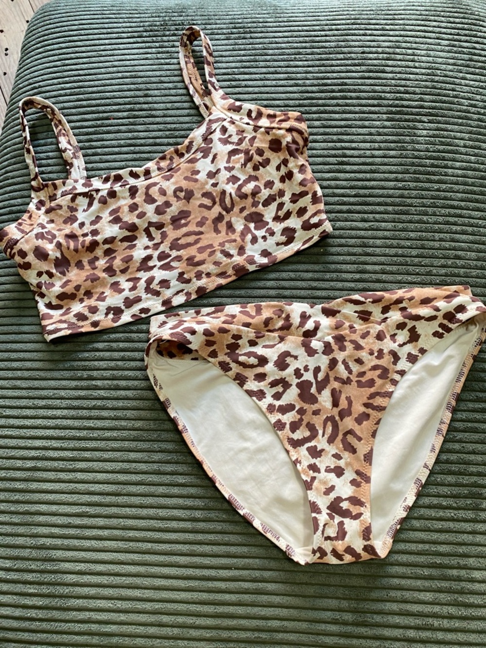 aerie Leopard-Print Bikini Top & Bottoms in Brown and Cream (some light stains)